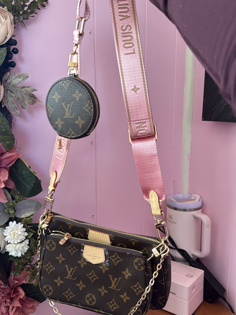Louis Vuitton Brown Monogram Crossbody with Pink Logo Strap
